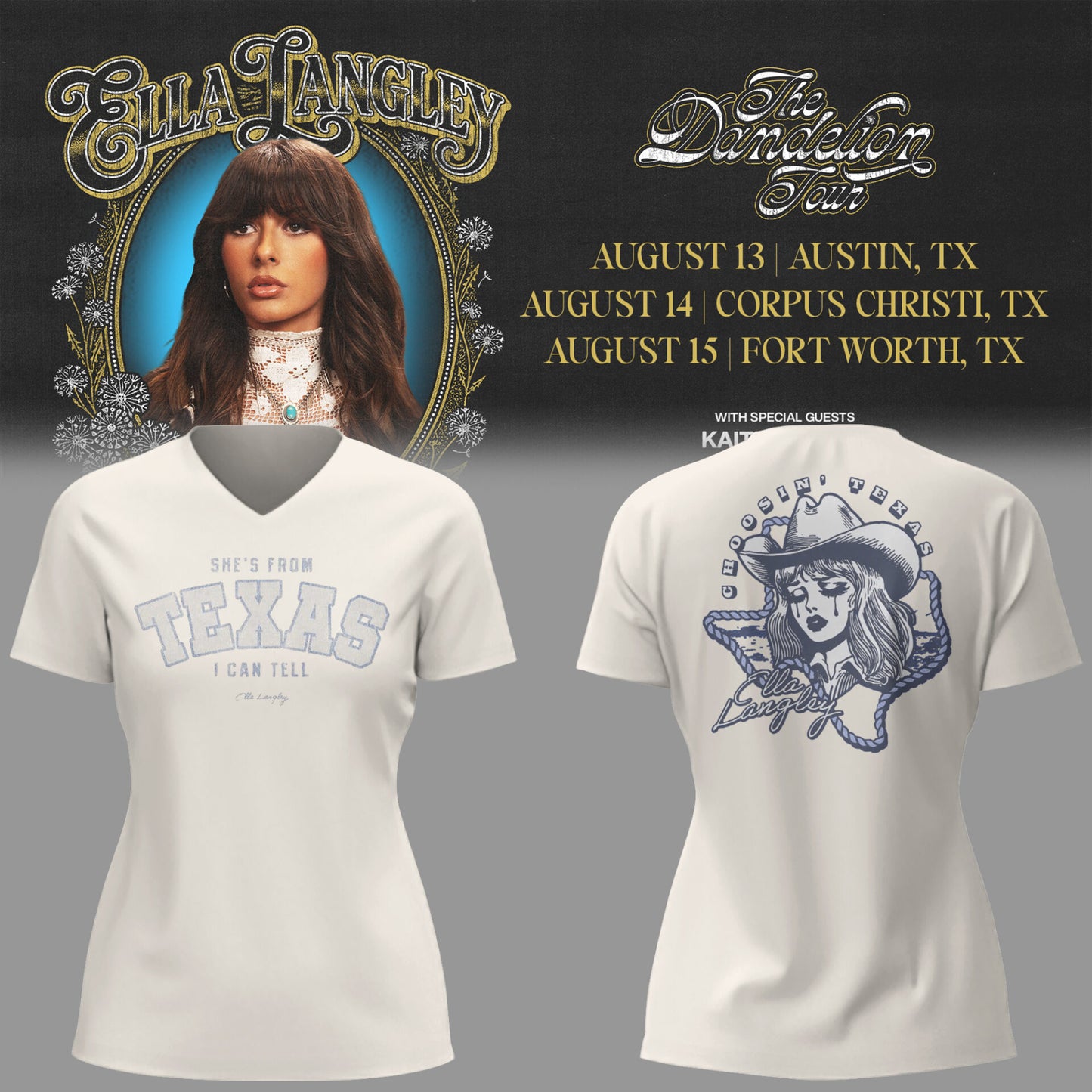 E.Langley “The Dandelion Tour” in Texas V-neck TShirt
