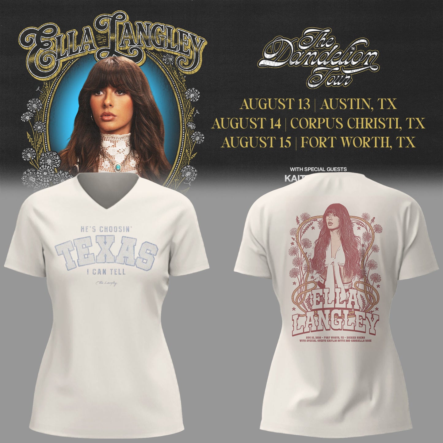 E.Langley “The Dandelion Tour” in Texas V-neck TShirt