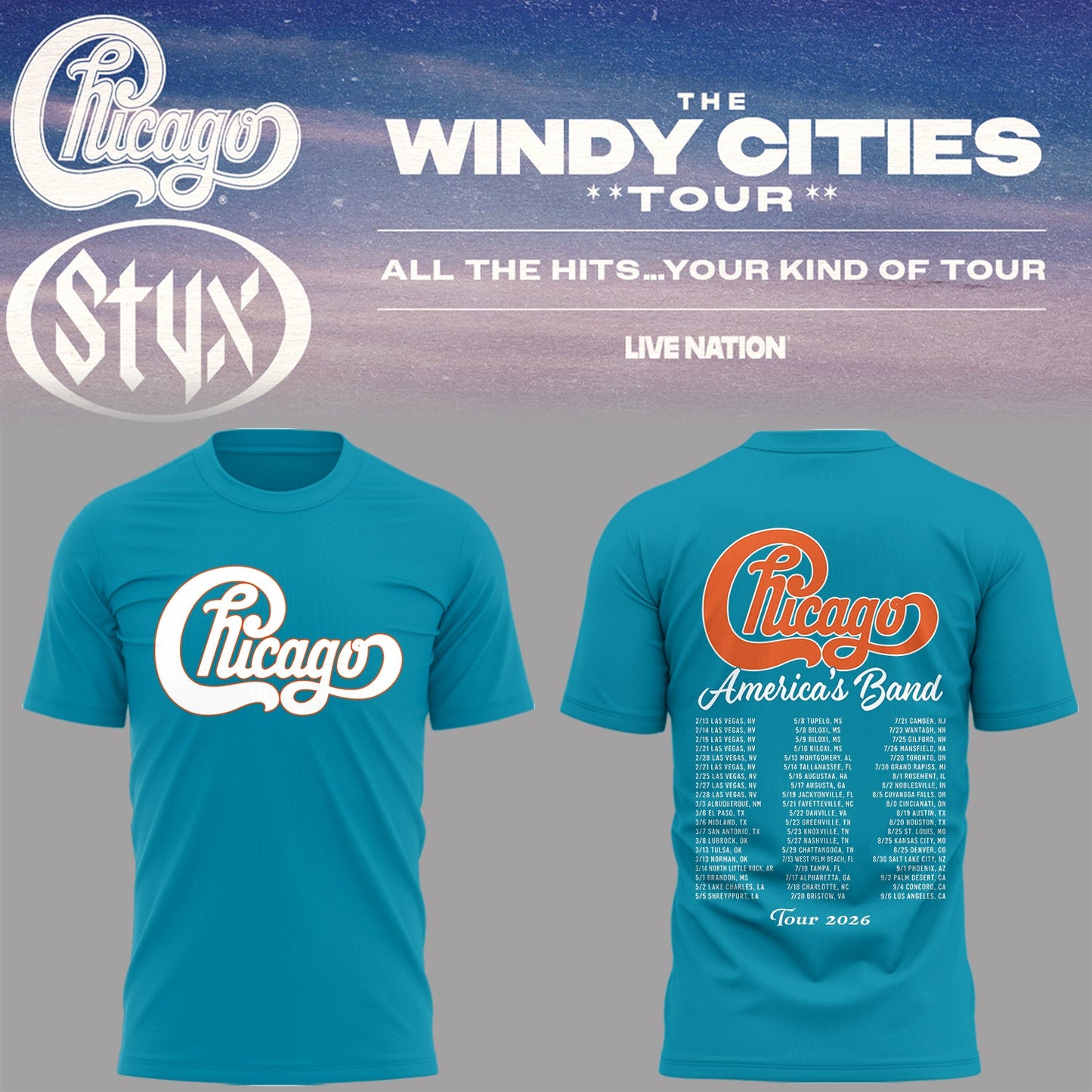 Chicago - Limited Edition The Windy Cities Tour – All The Hits… Your Kind of Tour T-Shirt 7