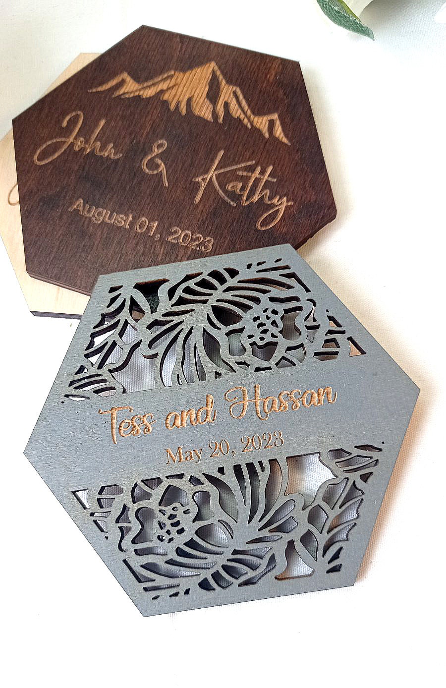 Custom Wooden Wedding Coaster Favors, Rustic Leaf Design