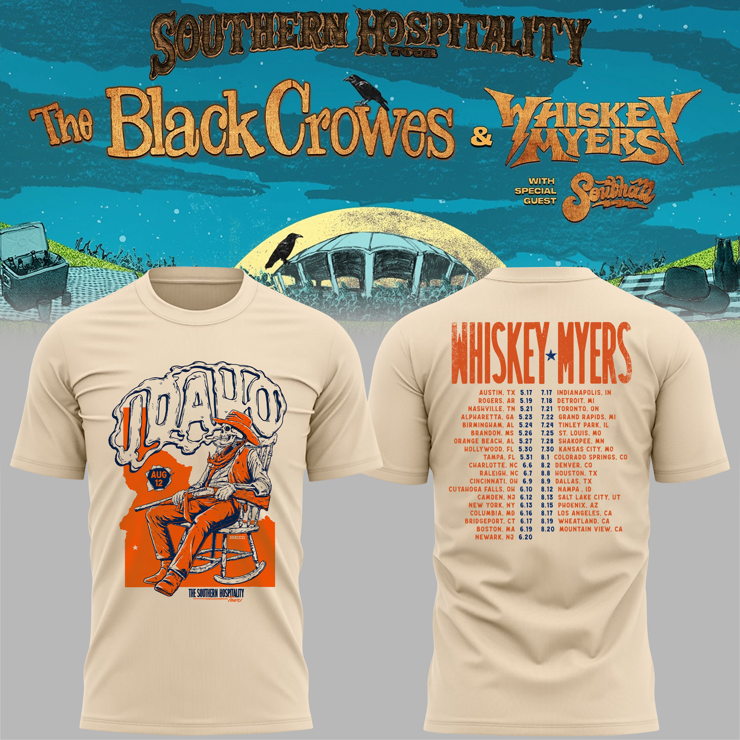 Limited Edition Whiskey Myers Southern Hospitality Tour In Nampa, Idaho T-Shirt