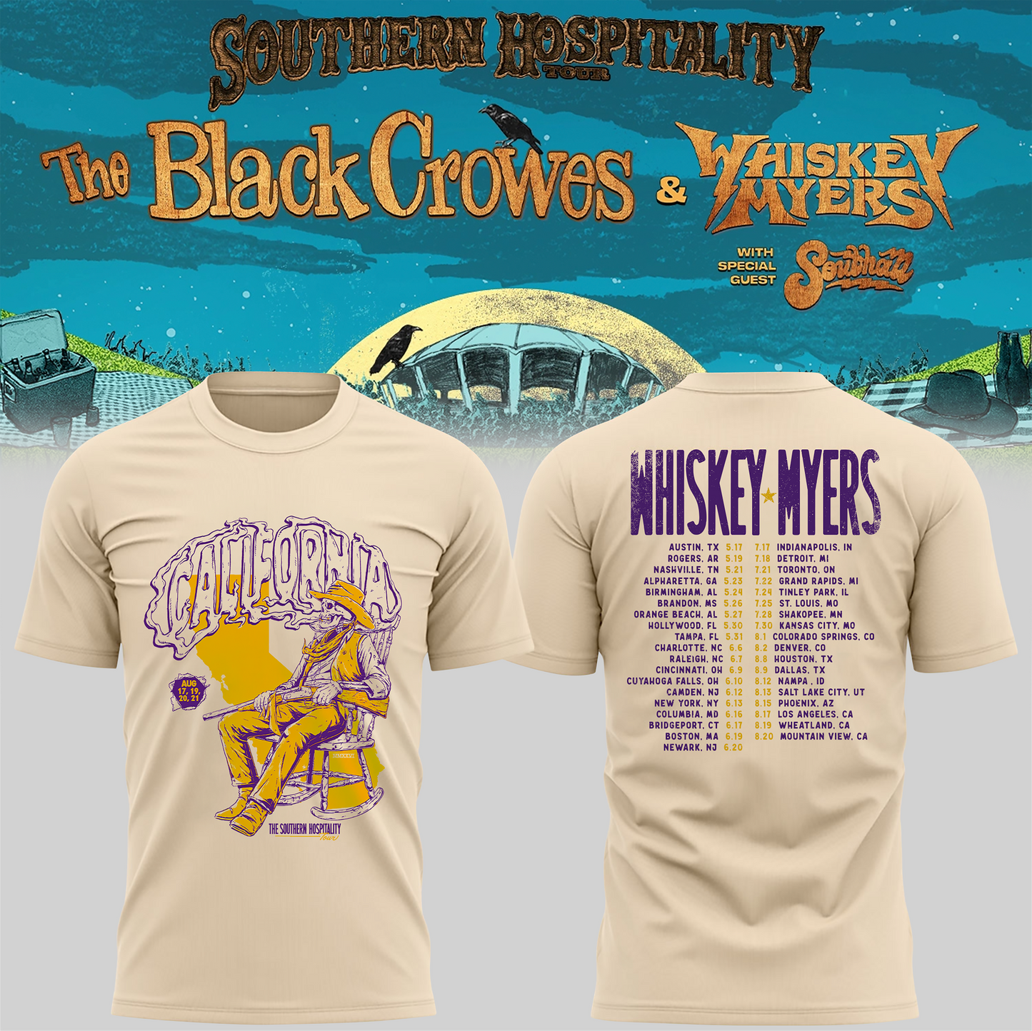 Limited Edition Whiskey Myers Southern Hospitality Tour In CA T-Shirt 1