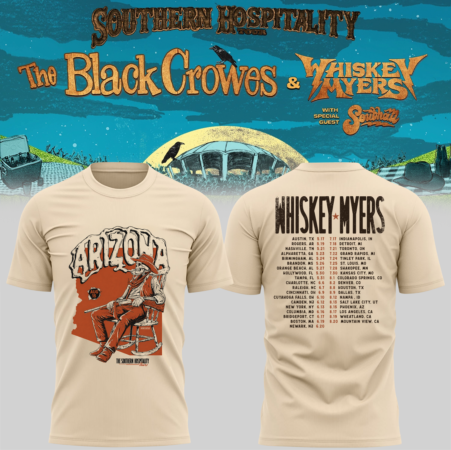 Limited Edition Whiskey Myers Southern Hospitality Tour In Arizona T-Shirt 1