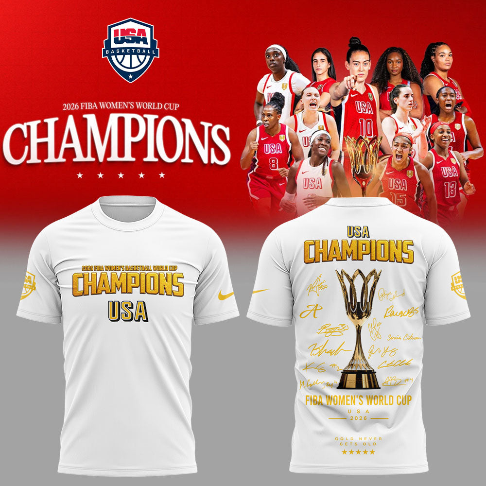 . Team USA FIBA World Cup 2026 FIBA WOMEN’S WORLD CUP CHAMPIONS White Signature Shirt