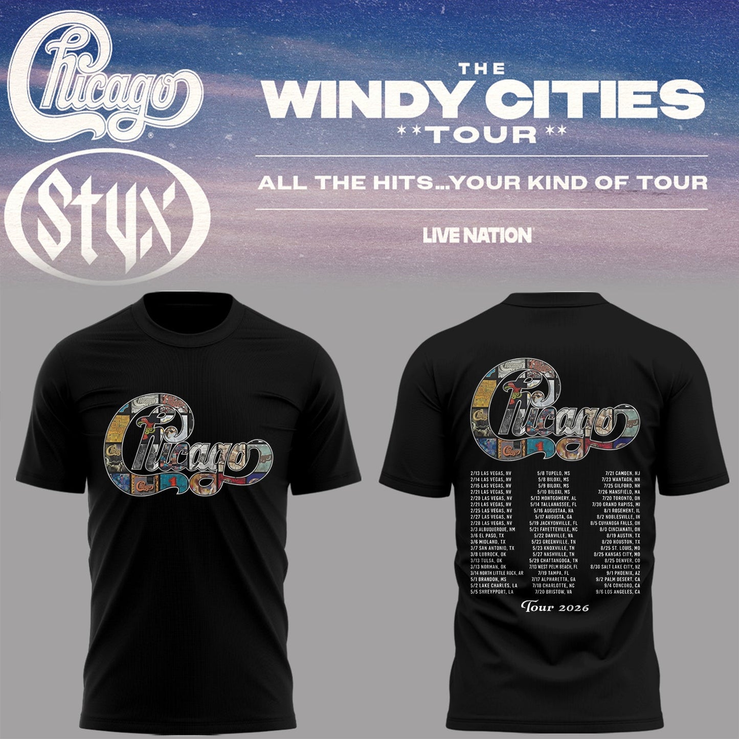 Chicago - Limited Edition The Windy Cities Tour – All The Hits… Your Kind of Tour T-Shirt 6