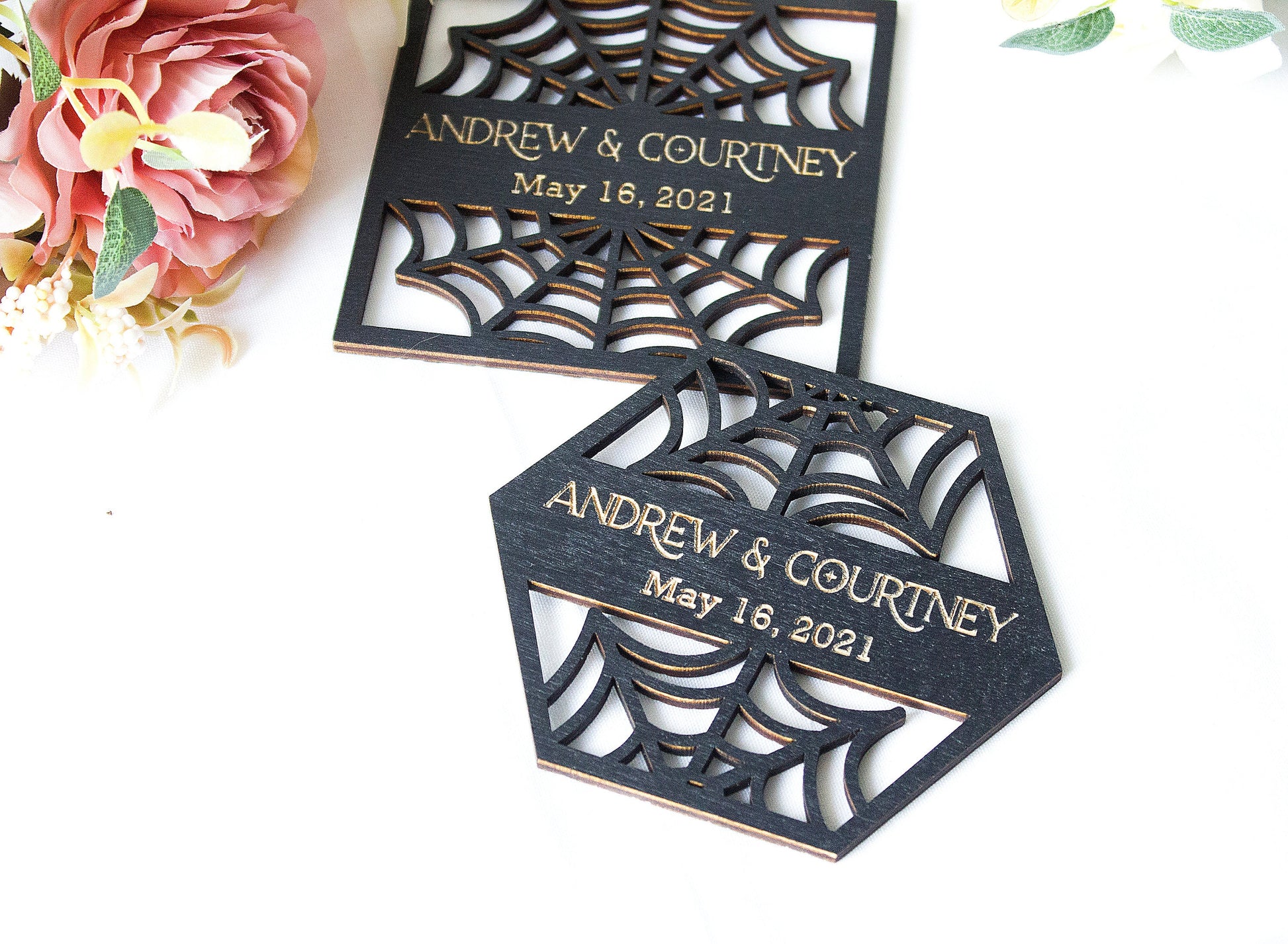 Black Gothic Wedding Coaster Favors, Spiderweb Decor