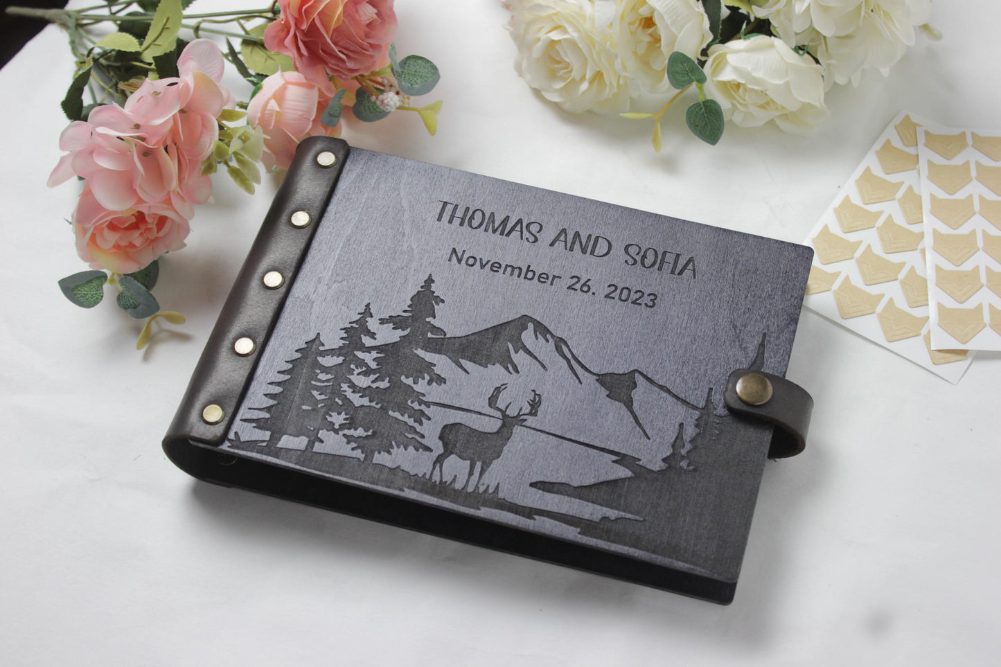 Our Travel Scrapbook, Anniversary Couple Gift, Wooden Photo Album with Mountains, Wedding Album, Adventure Book, Photo Guest Book