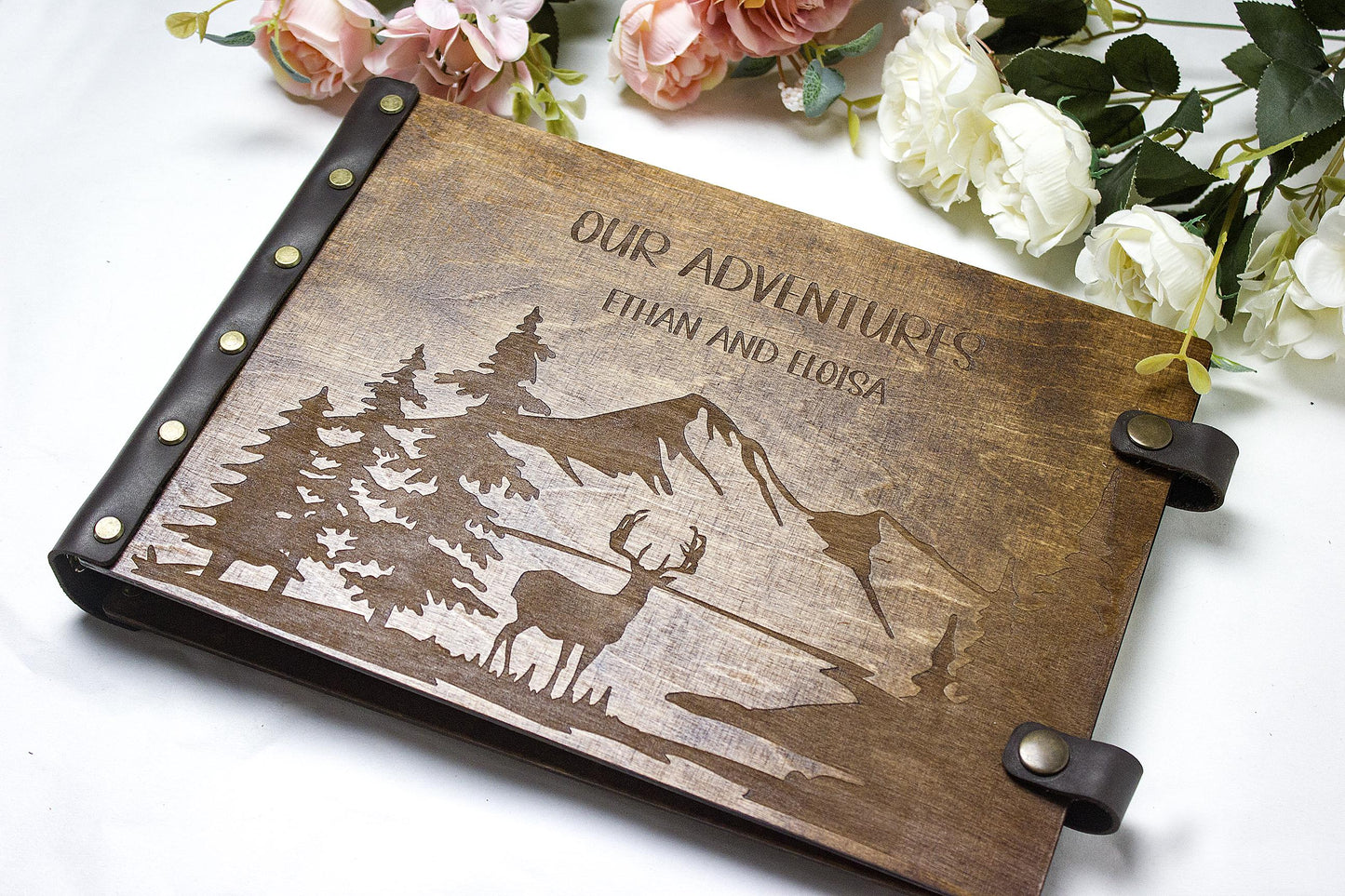 Personalized Wooden Photo Album – Rustic Mountain Guestbook, Engraved Adventure Scrapbook, Wedding Memory Book