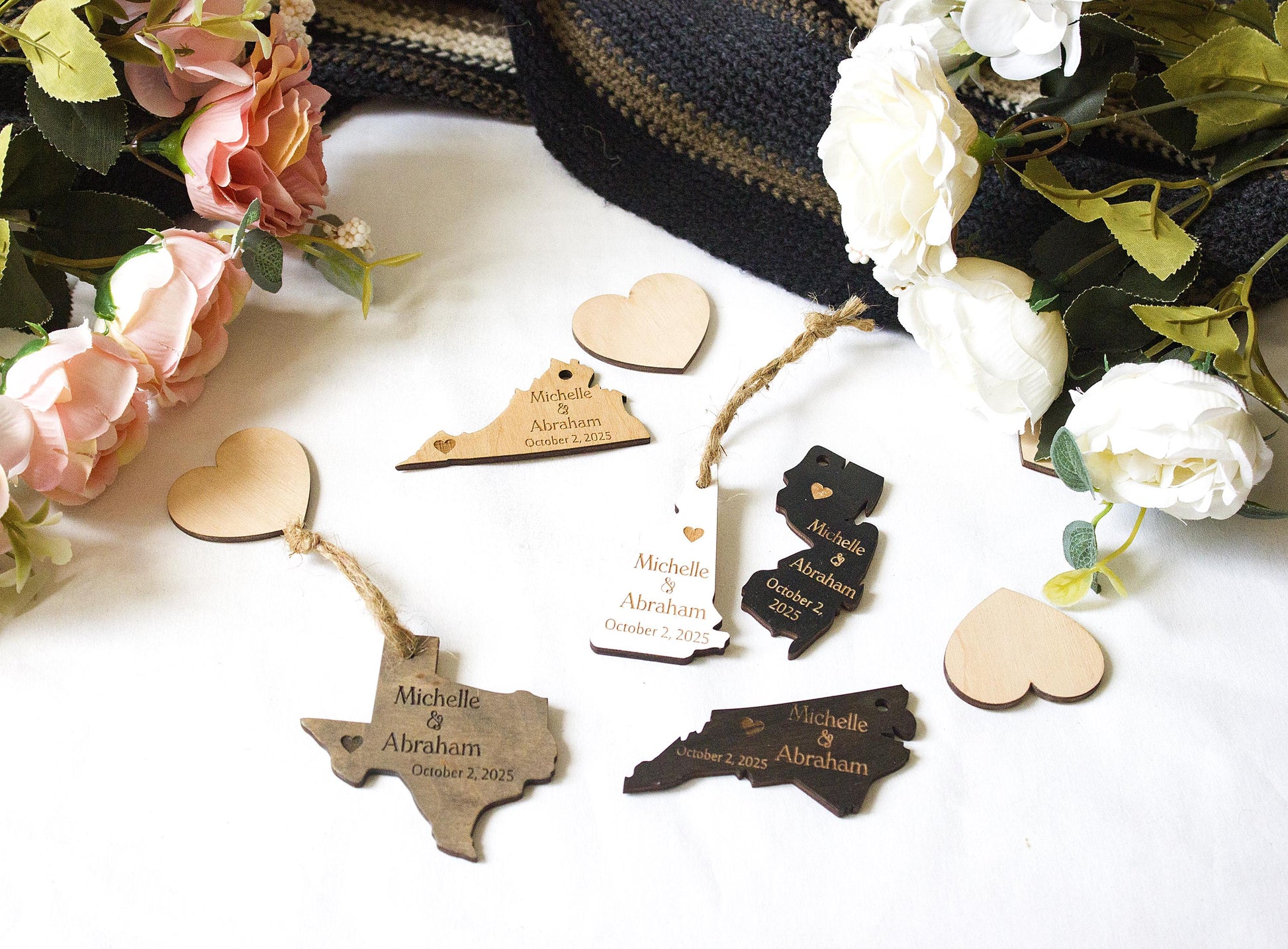 Personalized Wooden State Ornament: Rustic Wedding Favor, USA Keepsake