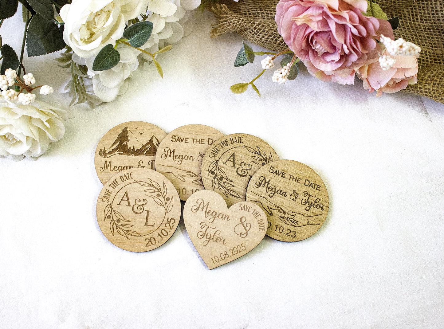 Personalized Wooden Save the Date Magnet: Botanical Wedding Favor