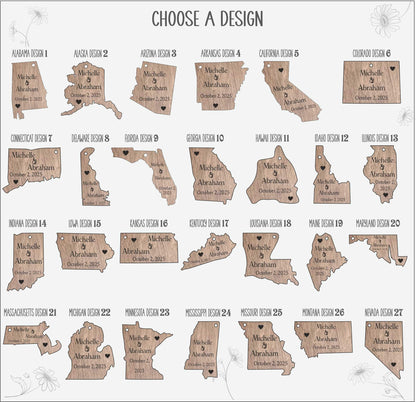 Personalized Wood State Ornament, Rustic Wedding Favor or Magnet