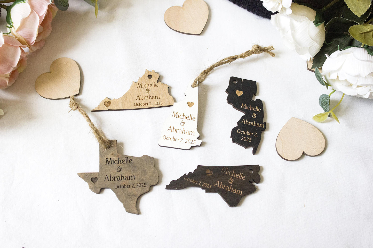 Personalized Wooden State Ornament: Rustic Wedding Favor, USA Keepsake