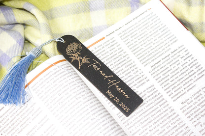 Custom Wooden Bookmarks in Bulk, Black Personalized Floral Bookmark, Personalized Wedding Guest Favor Gift, Engraved Bookmark