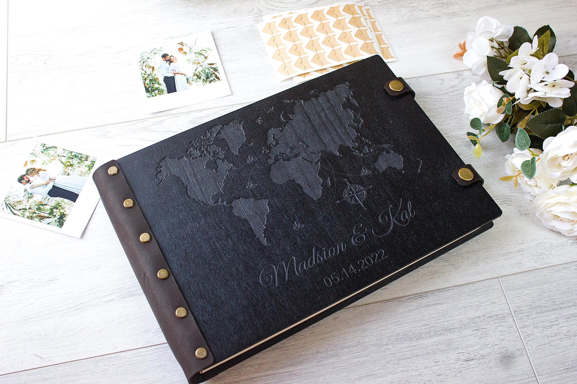 Personalized Wooden Photo Album – Rustic Mountain Guestbook, Engraved Adventure Scrapbook, Wedding Memory Book