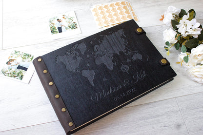 Personalized Wooden Photo Album – Rustic Mountain Guestbook, Engraved Adventure Scrapbook, Wedding Memory Book