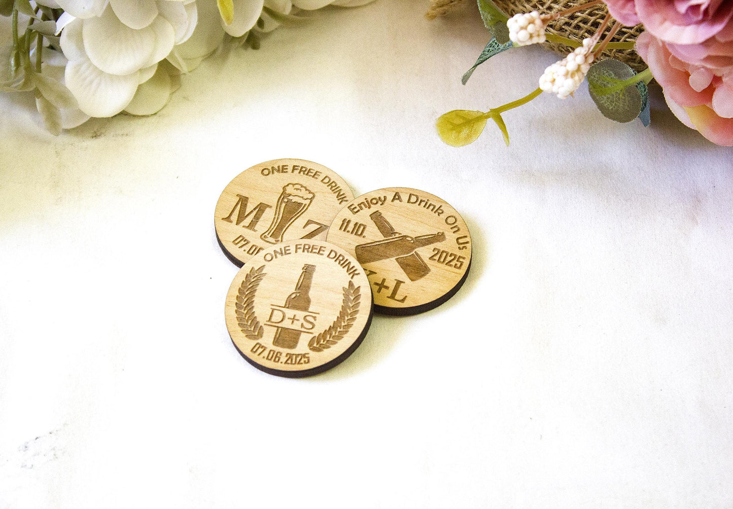 Personalized Wooden Drink Tokens: Engraved Wedding Bar Chips