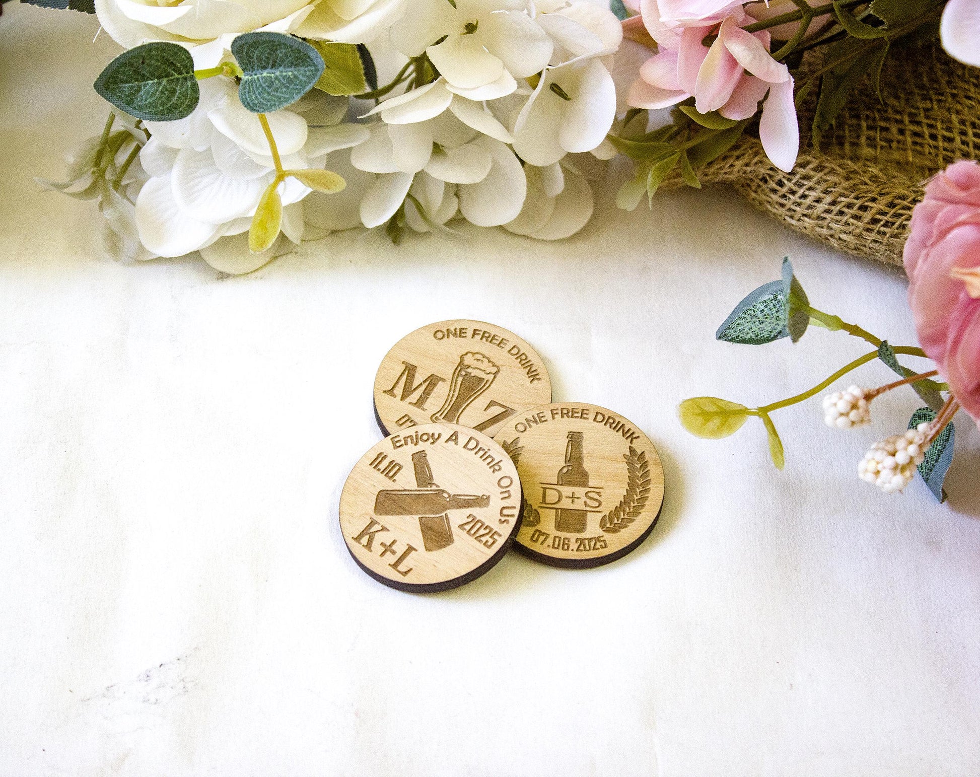 Personalized Wooden Drink Tokens: Engraved Wedding Bar Chips