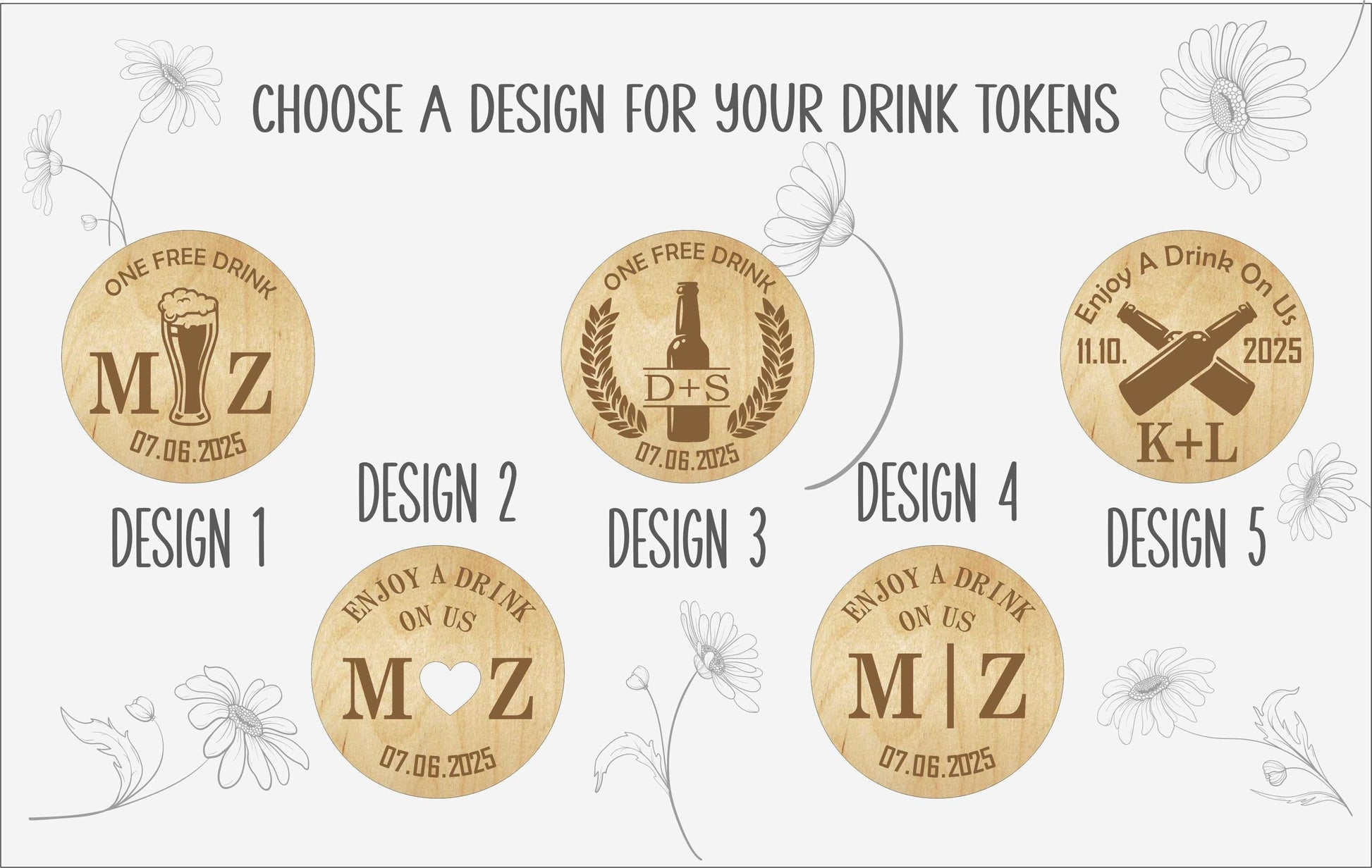 Engraved Wooden Wedding Drink Tokens, Custom Bar Favors