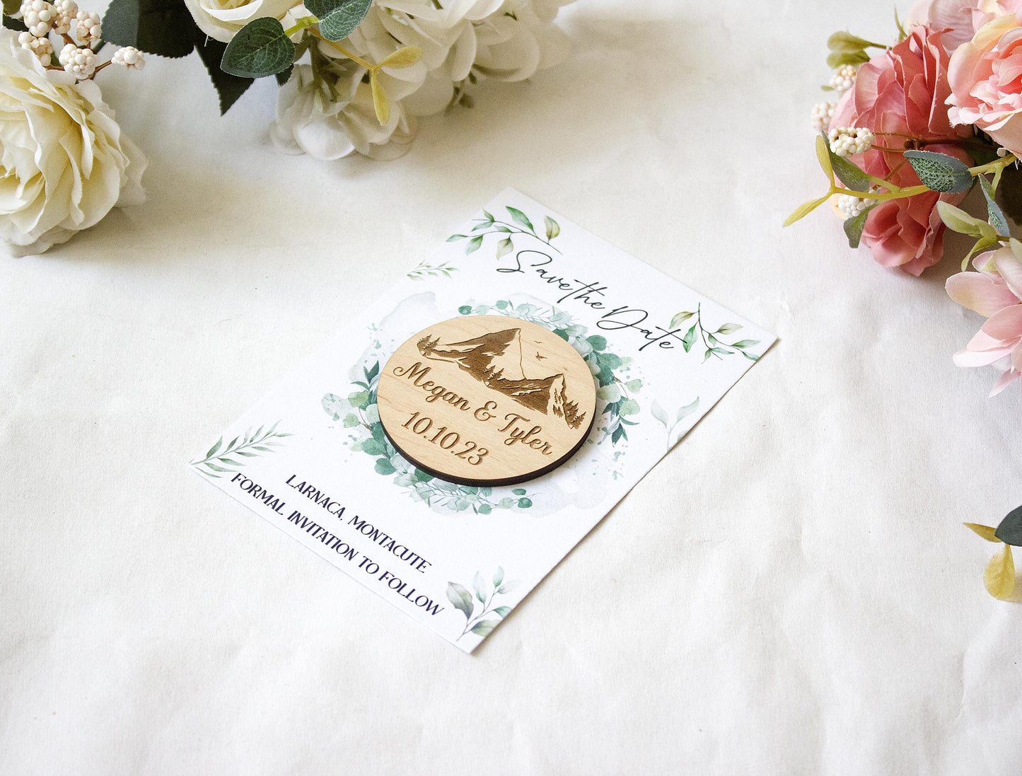 Personalized Wooden Save the Date Magnet: Botanical Wedding Favor
