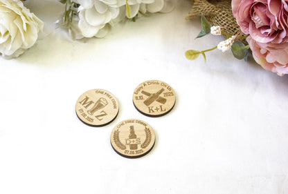 Engraved Wooden Wedding Drink Tokens, Custom Bar Favors