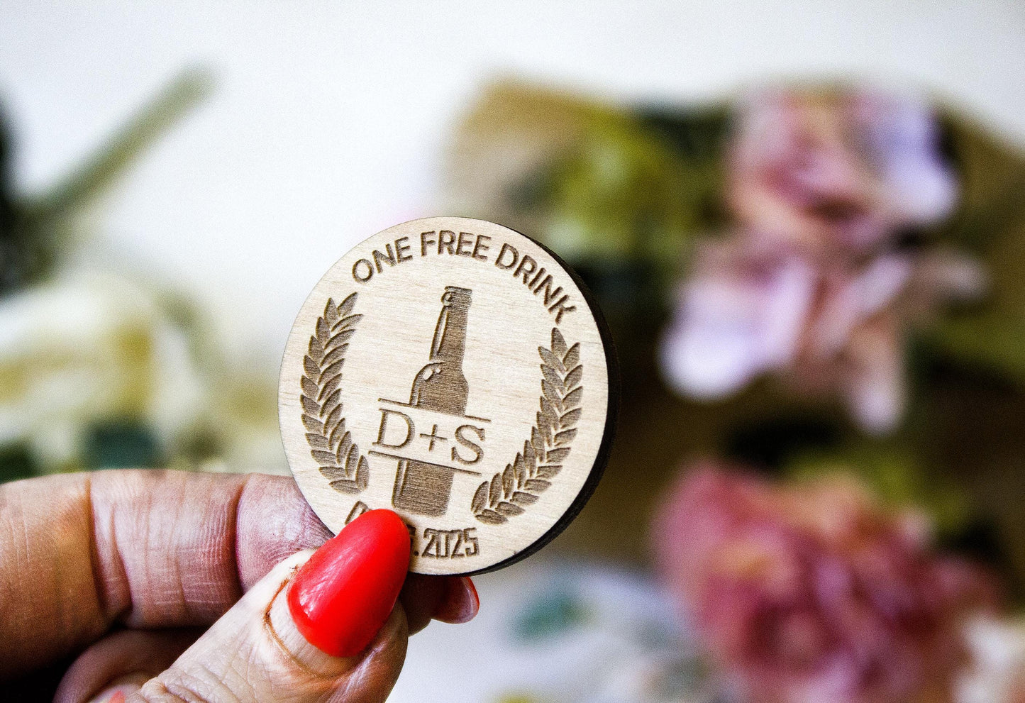 Engraved Wooden Wedding Drink Tokens, Custom Bar Favors