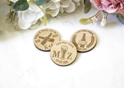 Personalized Wooden Drink Tokens: Wedding Bar Favors