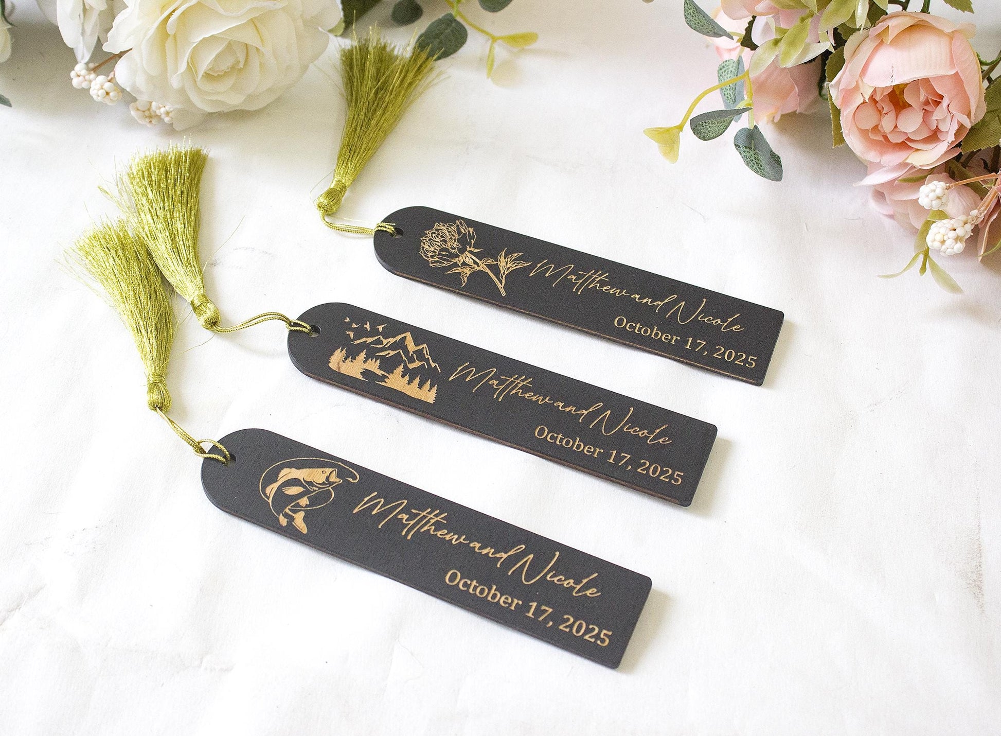Personalized Wooden Bookmark, Floral Engraved Wedding Favor