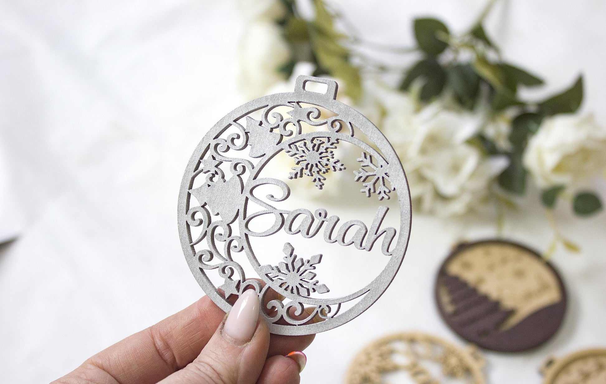 Personalized Wooden Christmas Ornament, Laser-Cut Name Bauble