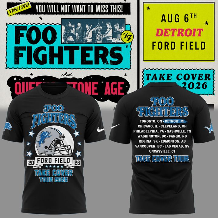 02.06. Black Shirt Foo Fighters x Detroit Lions - TAKE COVER TOUR 2026 T-Shirt
