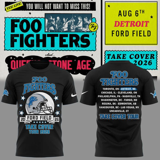 02.06. Black Shirt Foo Fighters x Detroit Lions - TAKE COVER TOUR 2026 T-Shirt