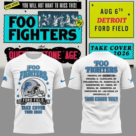 02.10. White Shirt Foo Fighters x Detroit Lions - TAKE COVER TOUR 2026 T-Shirt