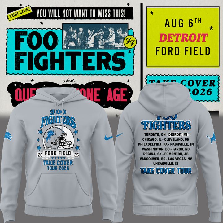 02.40. Special Hoodie Foo Fighters x Detroit Lions - TAKE COVER TOUR 2026 Hoodie