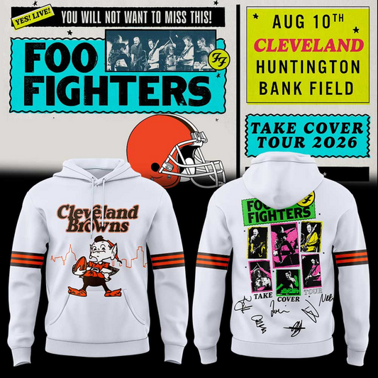 02.74. White Hoodie Cleveland Browns x Foo Fighters - Take Cover Tour 2026 Hoodie