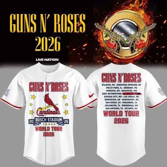 01.28. White Baseball Jersey Guns N' Roses x St. Louis Cardinals - World Tour 2026 Baseball Jersey