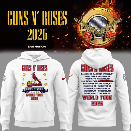 01.32. New White Hoodie Guns N' Roses x St. Louis Cardinals - World Tour 2026 Hoodie