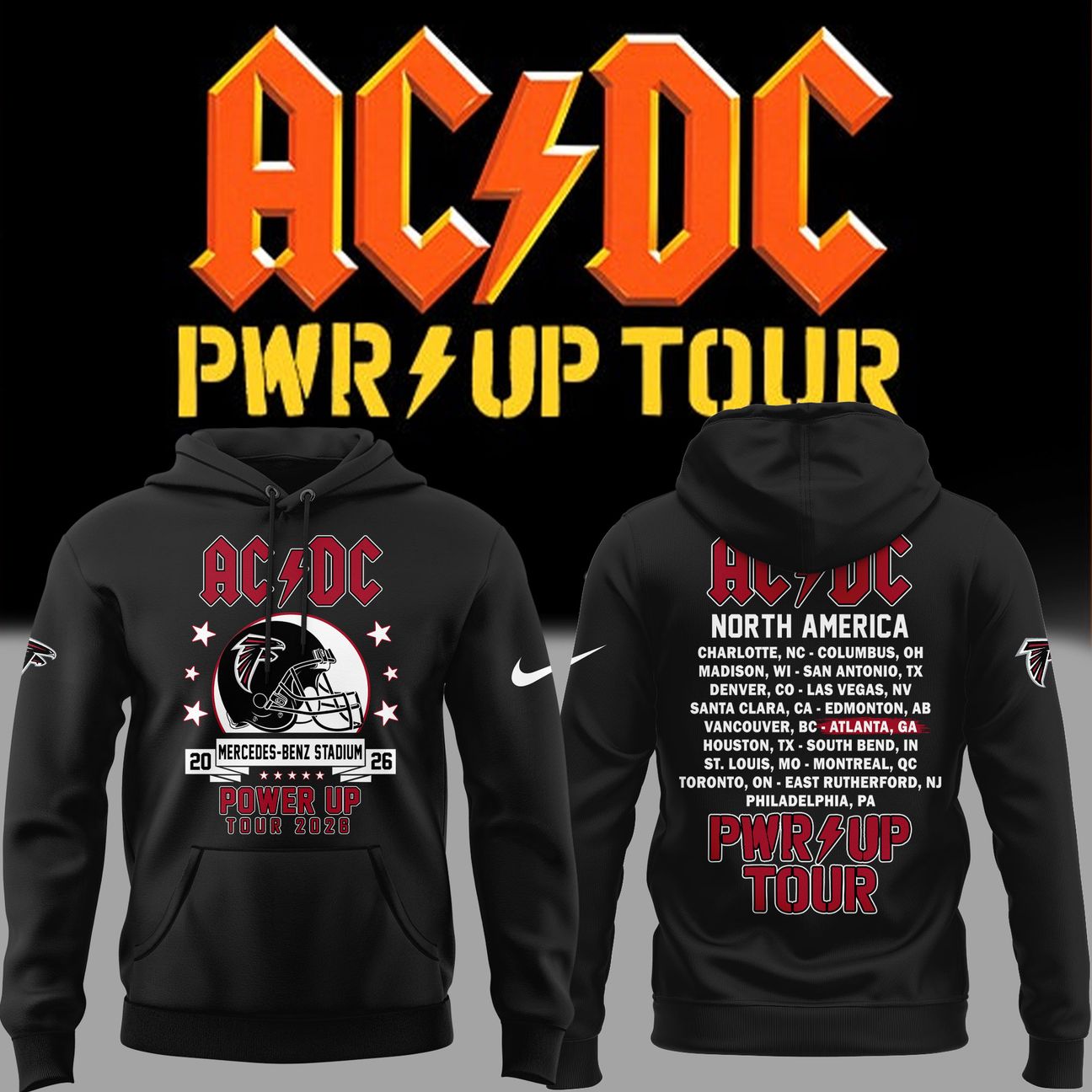 01.14. Black Hoodie AC/DC x Atlanta Falcons - Power Up Tour 2026 Hoodie