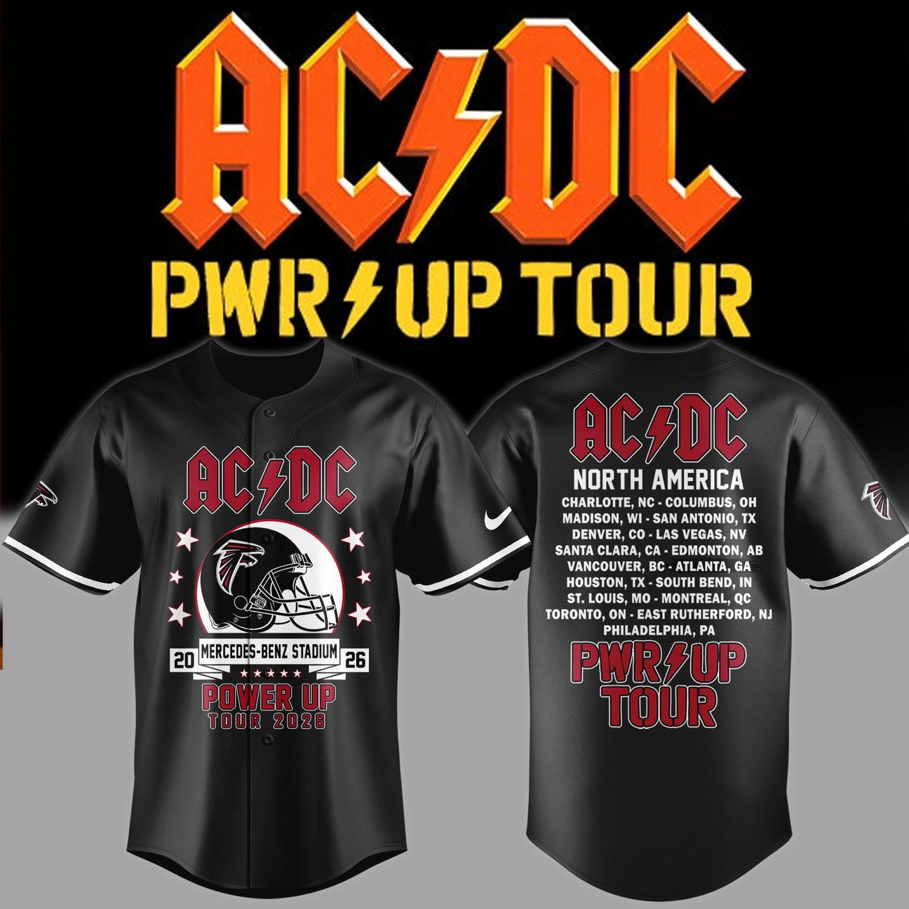 01.28. Black Jersey AC/DC x Atlanta Falcons - Power Up Tour 2026 Baseball Jersey