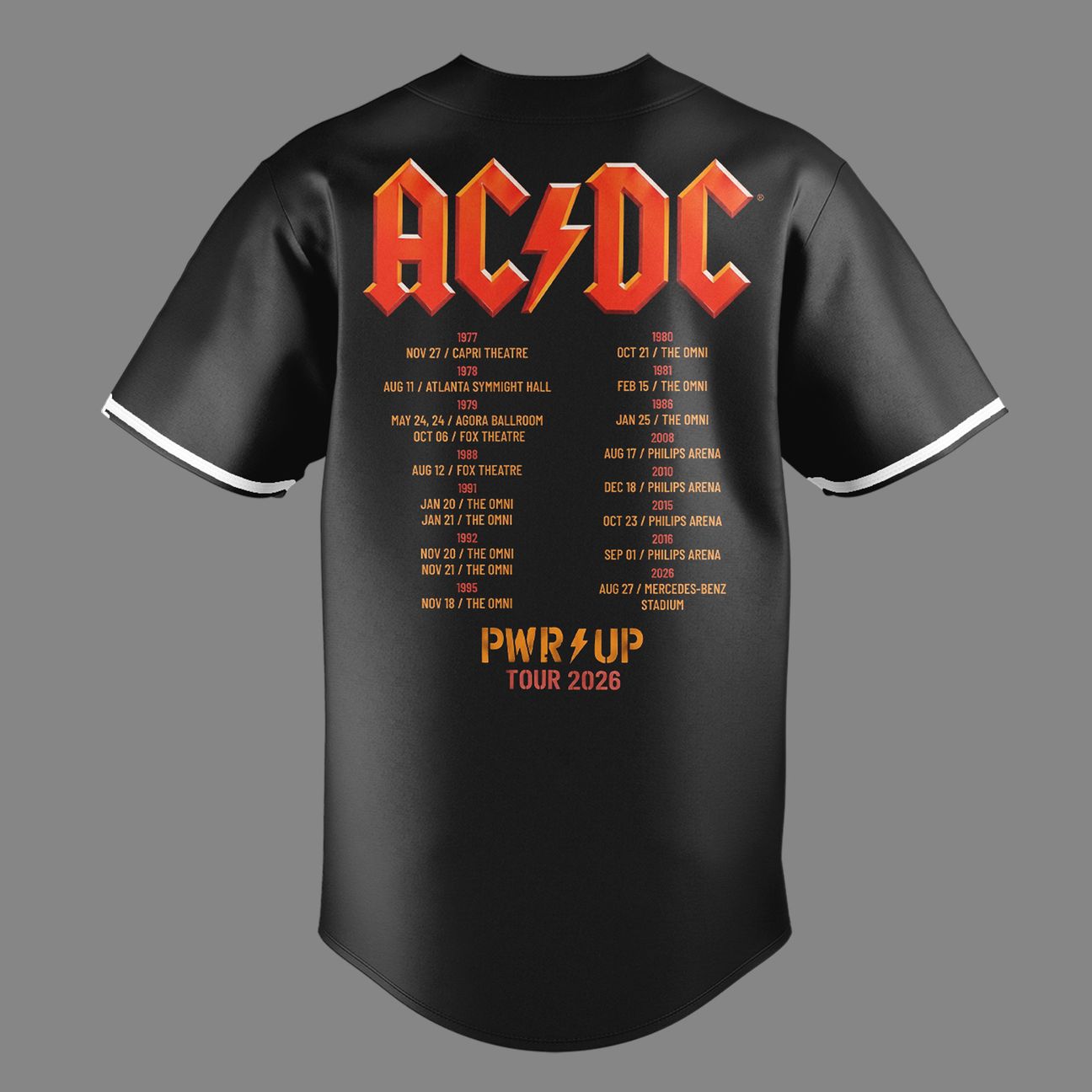 01.23. Limited Edition AC/DC - Exclusive Atlanta Event Shirt - Power Up Tour 2026 Baseball Jersey
