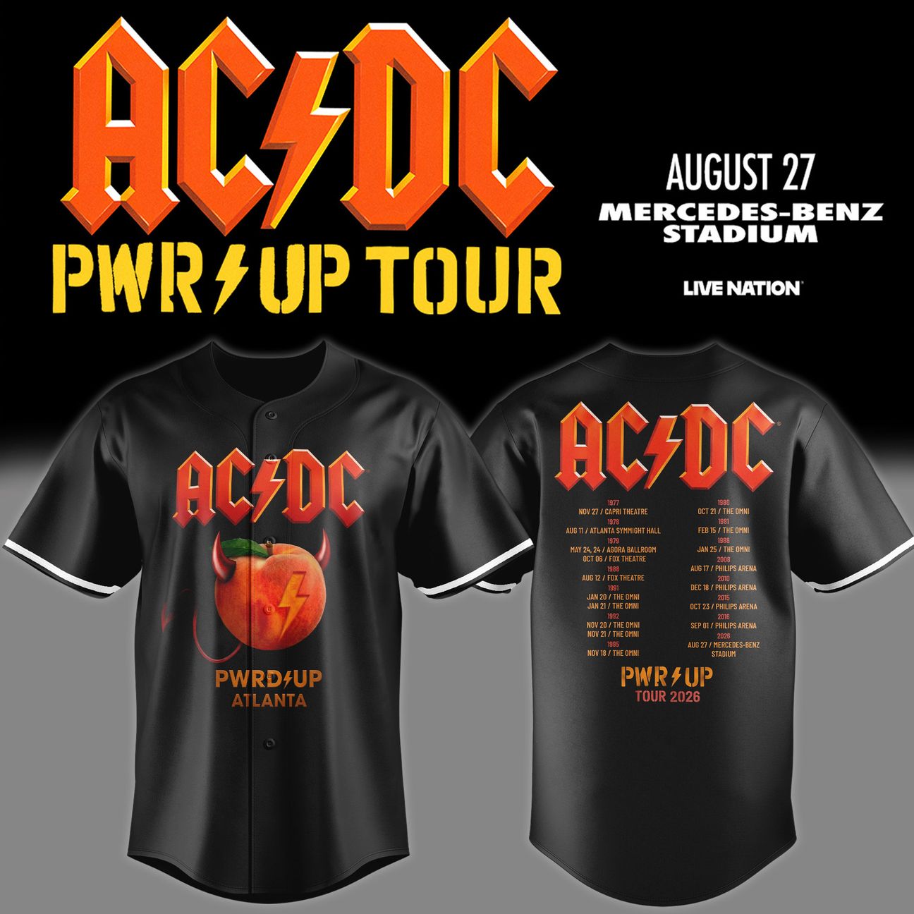 01.23. Limited Edition AC/DC - Exclusive Atlanta Event Shirt - Power Up Tour 2026 Baseball Jersey