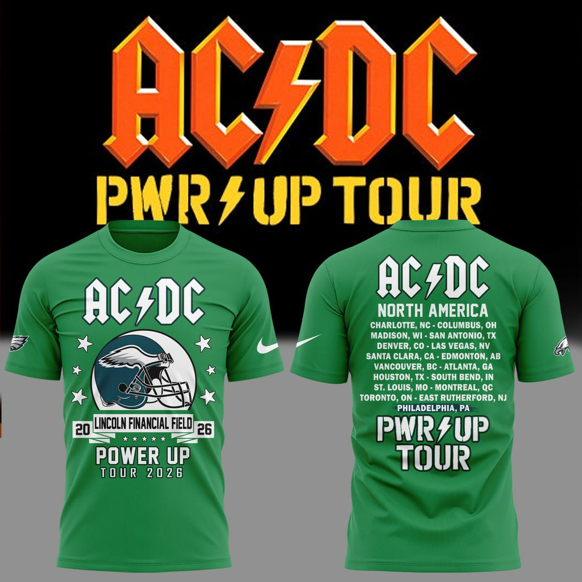 01. Green Shirt AC/DC x Philadelphia Eagles - POWER UP TOUR 2026 T-Shirt
