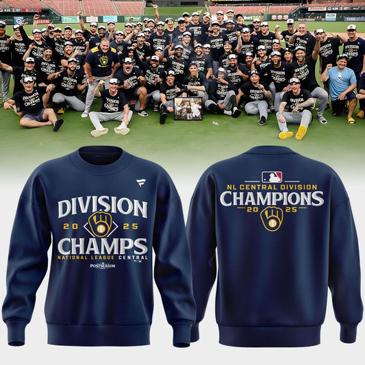 1.Milwaukee Brewers Fanatics Navy 2025 NL Central Division Champions Locker Room Sweatshirt