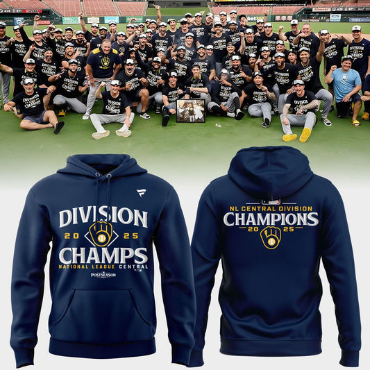 1.Milwaukee Brewers Fanatics Navy 2025 NL Central Division Champions Locker Room Hoodie