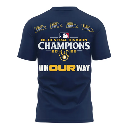 03. VIP Milwaukee Brewers Fanatics Navy 2026 NL Central Division Champions T-Shirt🏆🏆🏆🏆 Win Our Way 2026 T-Shirt