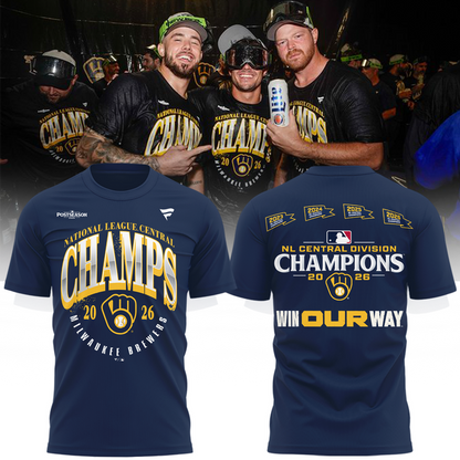 03. VIP Milwaukee Brewers Fanatics Navy 2026 NL Central Division Champions T-Shirt🏆🏆🏆🏆 Win Our Way 2026 T-Shirt