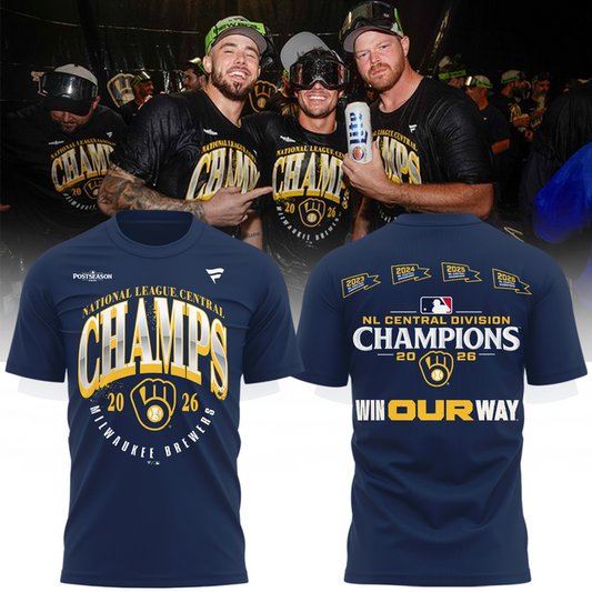 03. VIP Milwaukee Brewers Fanatics Navy 2026 NL Central Division Champions T-Shirt🏆🏆🏆🏆 Win Our Way 2026 T-Shirt