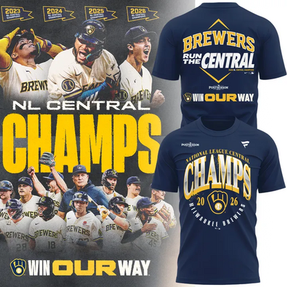 03.06. Milwaukee Brewers Fanatics Navy 2026 NL Central Division Champions T-Shirt🏆🏆🏆🏆 Win Our Way 2026 T-Shirt