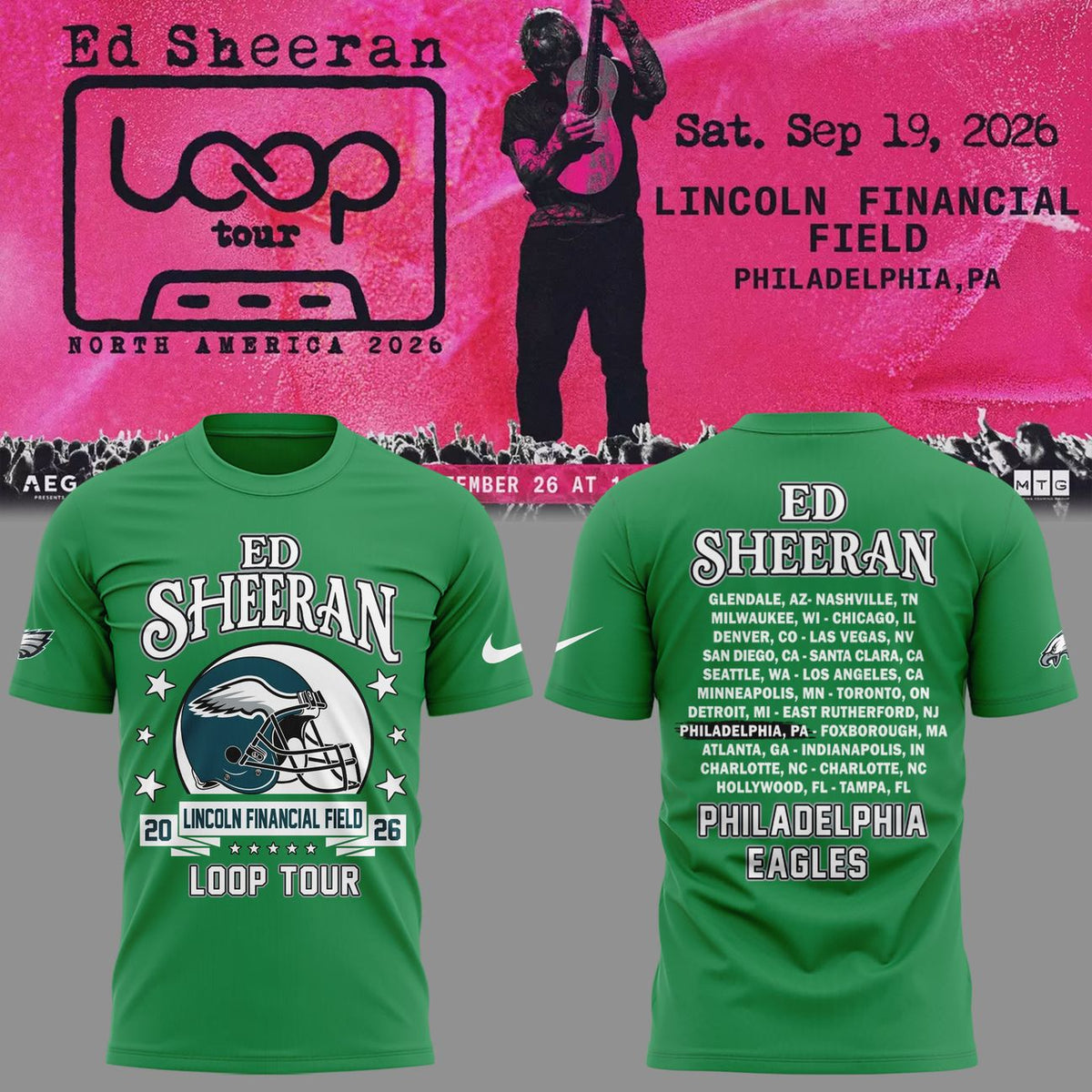 01. Ed Sheeran - Loop Tour 2026 x Philadelphia Eagles T-Shirt