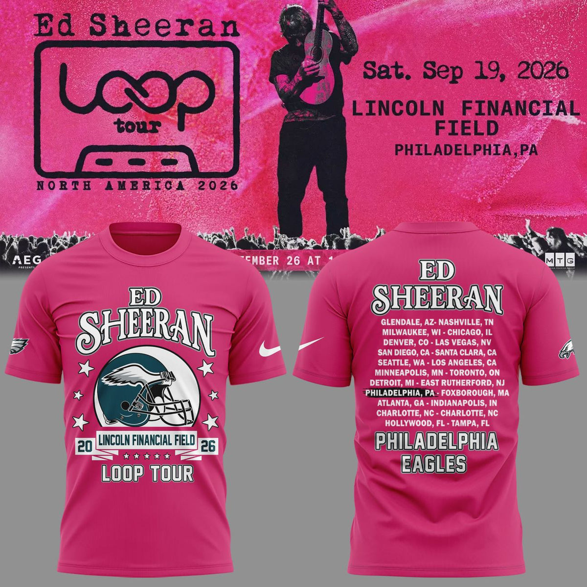 09. Pink Shirt Ed Sheeran - Loop Tour 2026 x Philadelphia Eagles T-Shirt